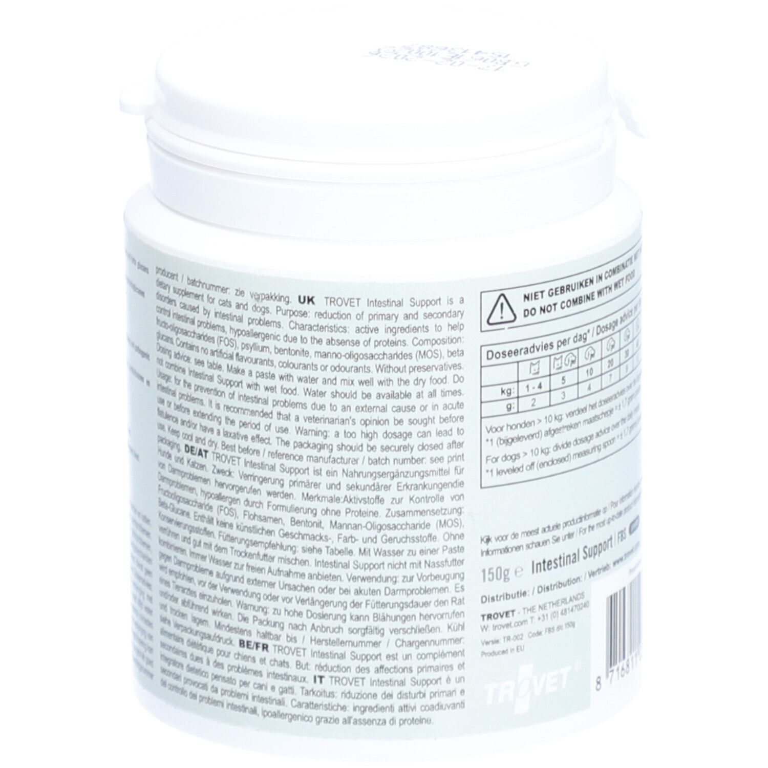 Boîte blanche avec texte. Inscription: TROVET Intestinal Support FBS. Texte sur les ingrédients et l'utilisation. Code-barres.