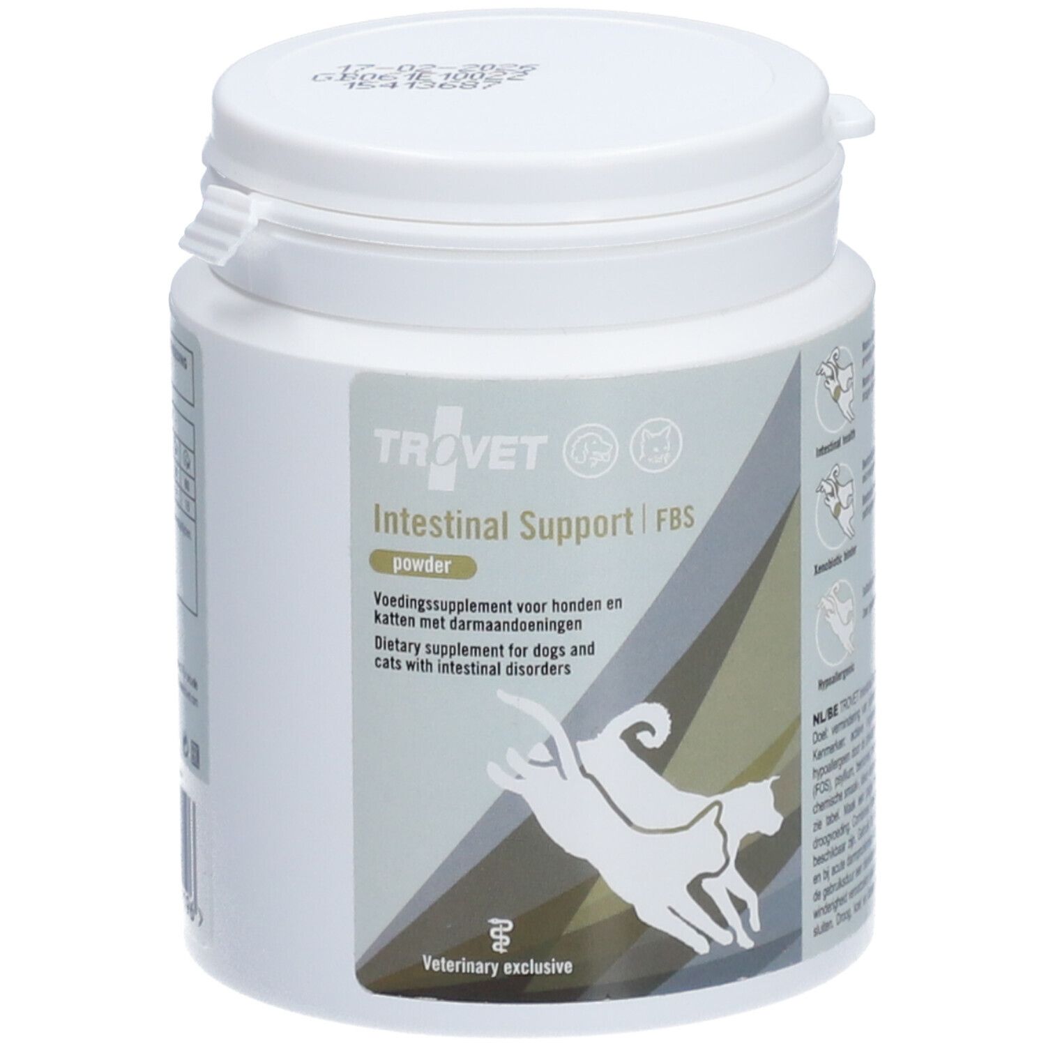 Boîte blanche avec couvercle. Inscription: TROVET Intestinal Support FBS. Image chien et chat. Poudre pour chiens et chats.