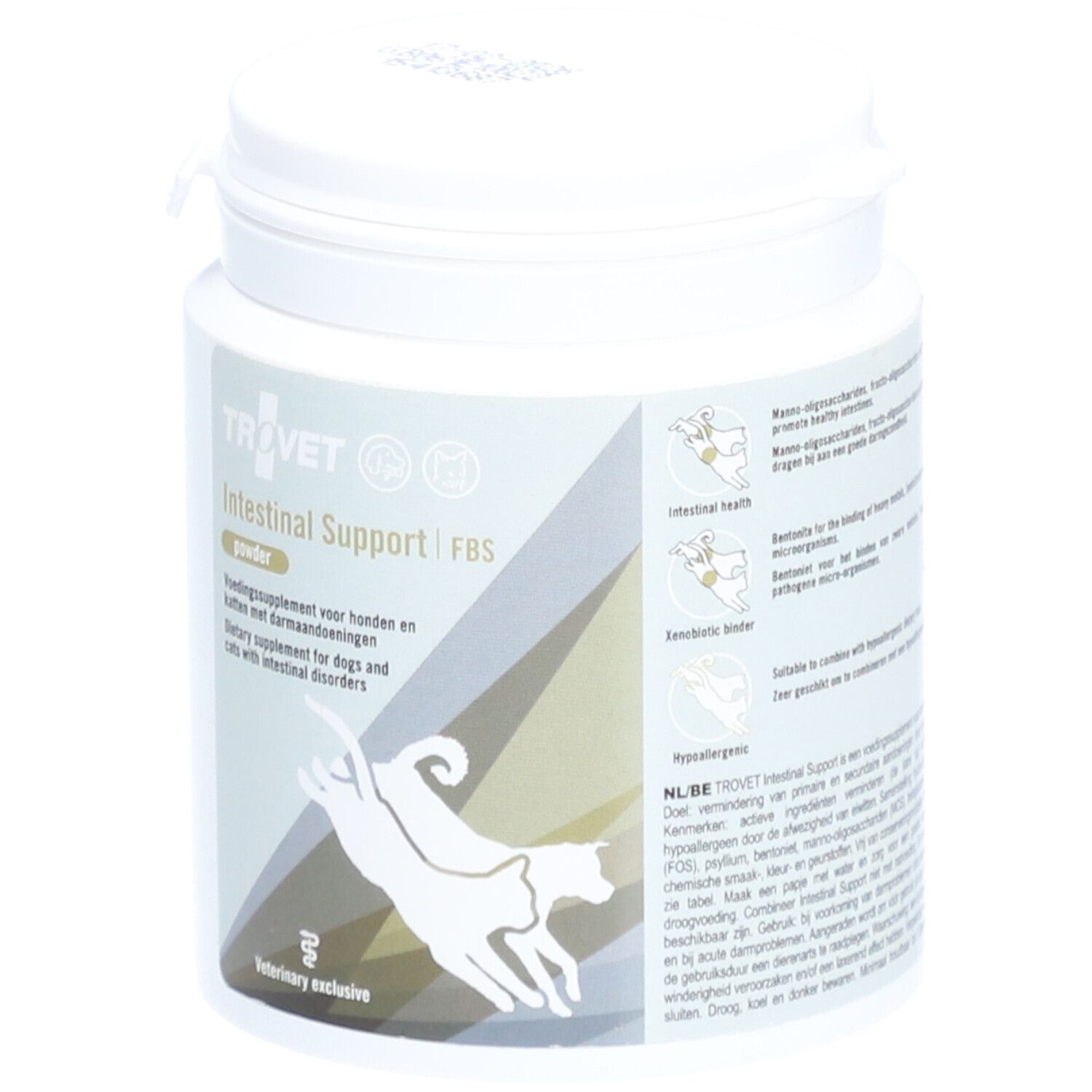 Boîte blanche avec couvercle. Inscription: TROVET Intestinal Support FBS. Image chien et chat. Texte et illustrations.