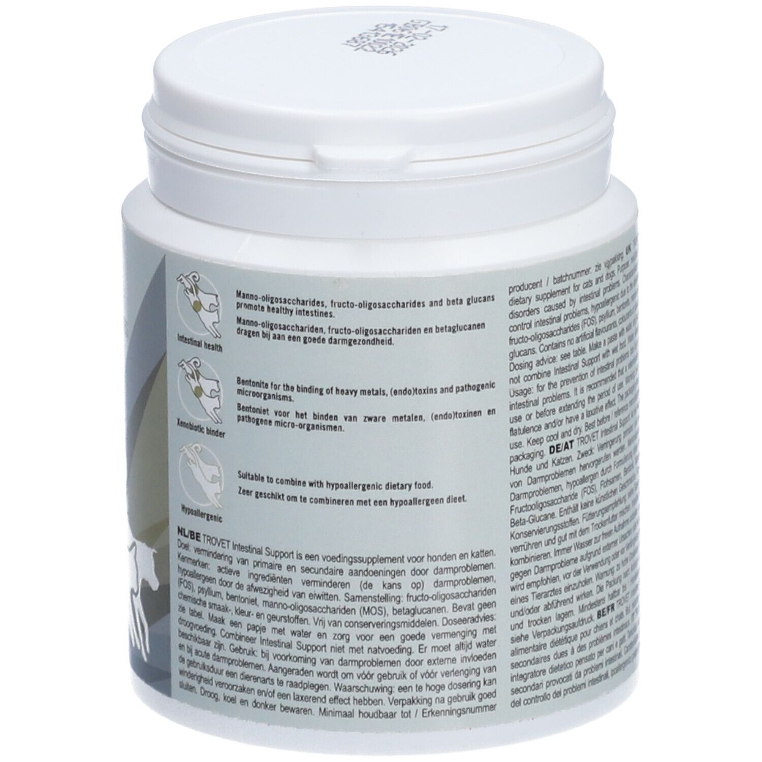 Boîte blanche avec texte et illustrations. Inscription: TROVET Intestinal Support FBS. Texte sur les ingrédients et l'utilisation.