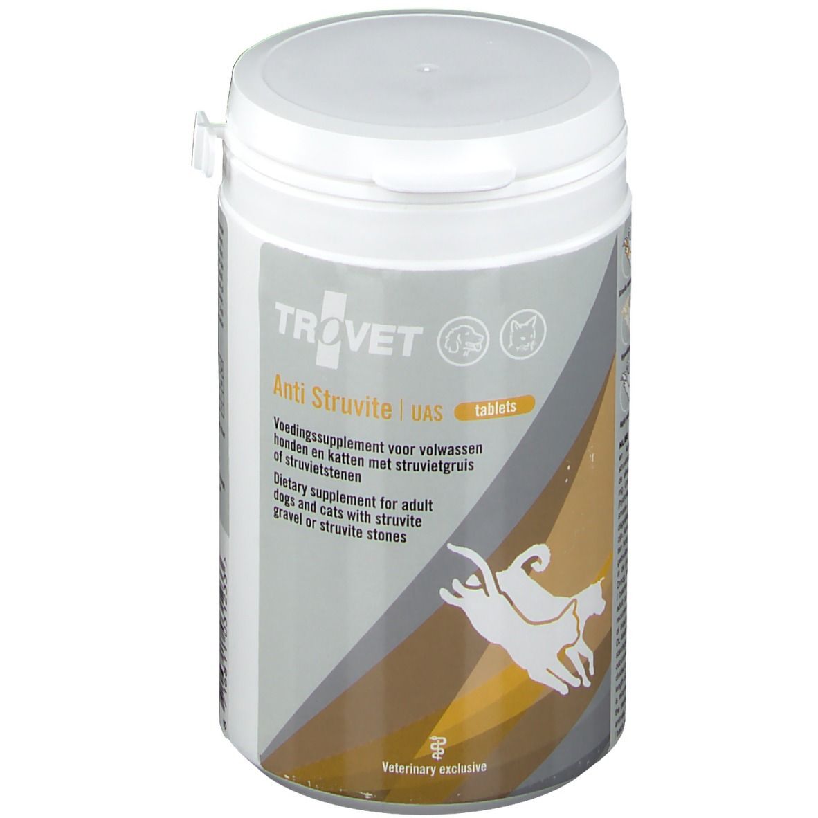 Boîte blanche avec couvercle. Inscription : Trovet Anti Struvite UAS tablets. Complément alimentaire pour chiens et chats avec calculs de struvite.