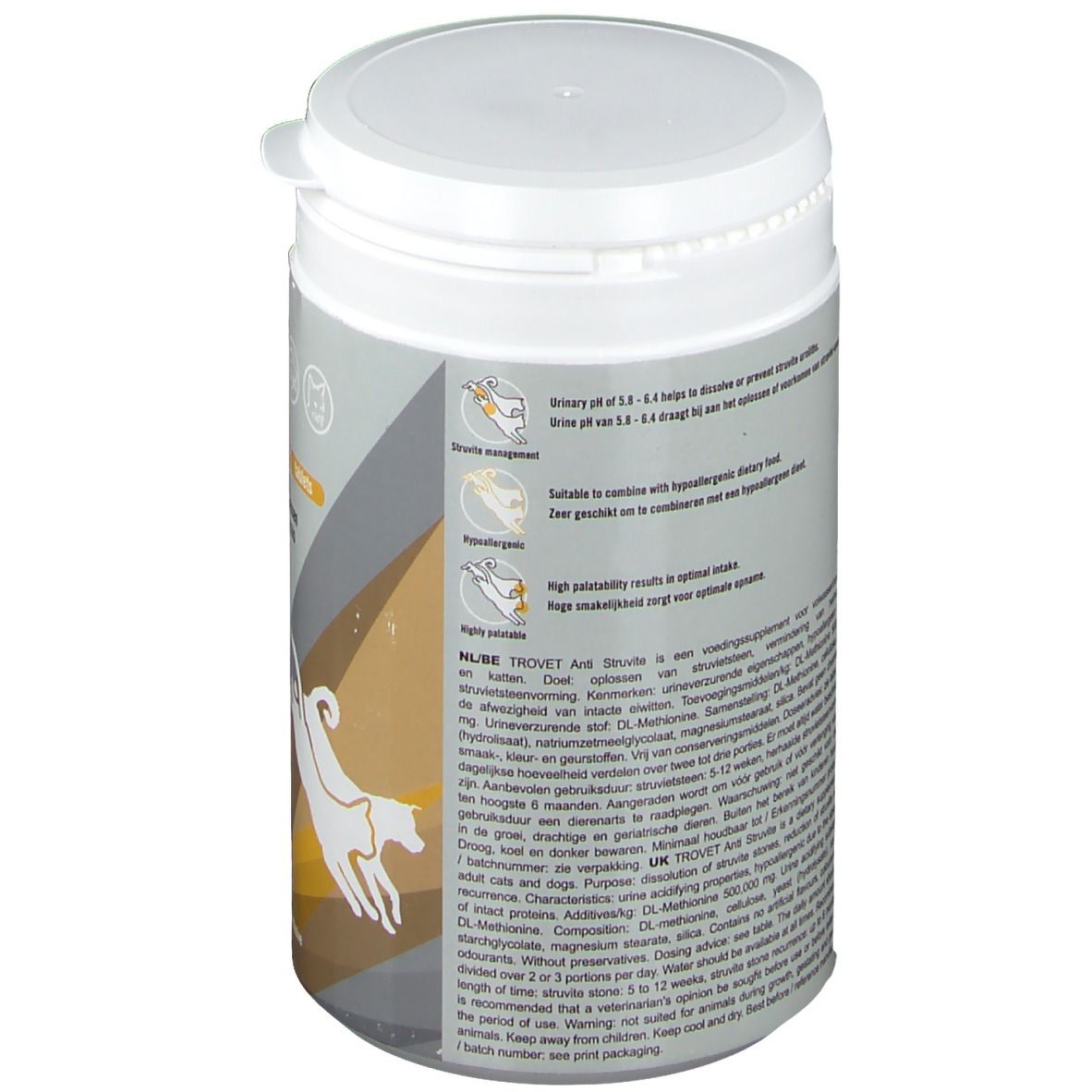 Dos du pot blanc. Paragraphes de texte en plusieurs langues. Illustrations de chiens et de chats. Informations sur l'utilisation.