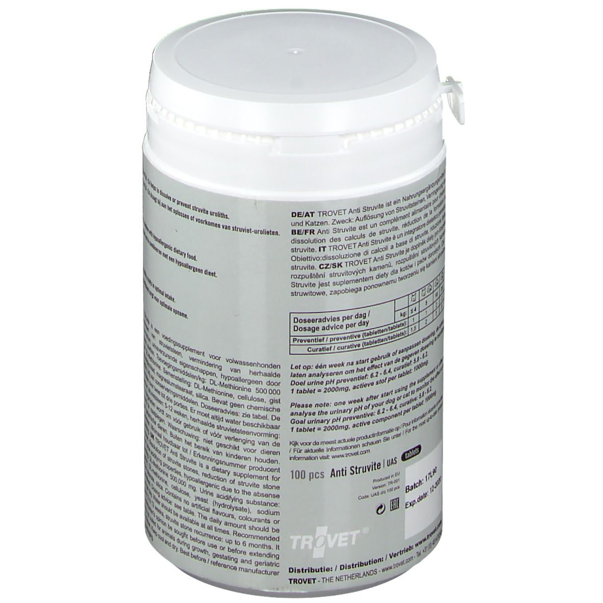 Boîte blanche avec couvercle. Texte en plusieurs langues. Recommandations de dosage. Inscription : 100 pcs Anti Struvite uas.