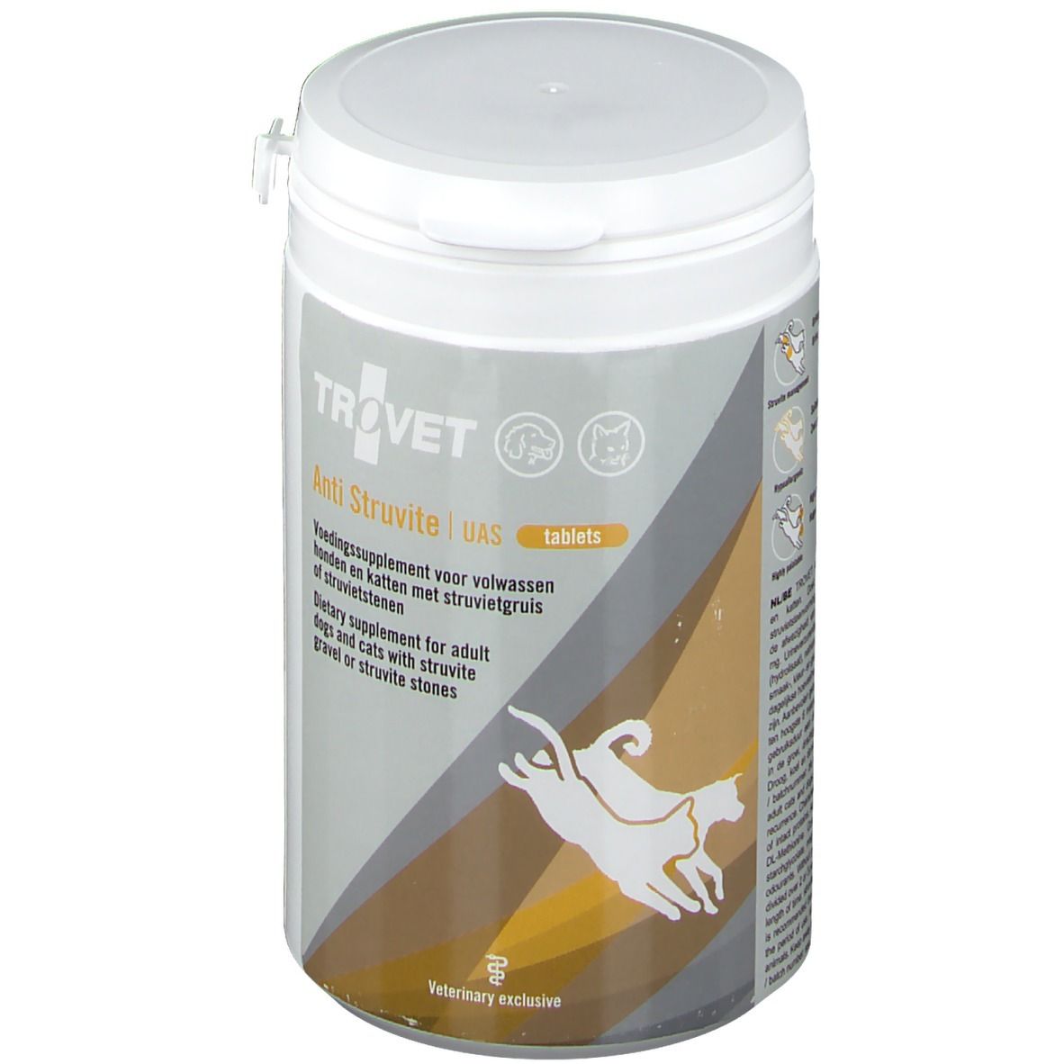 Boîte blanche avec couvercle. Inscription : Trovet Anti Struvite UAS tablets. Complément alimentaire pour chiens et chats avec calculs de struvite.