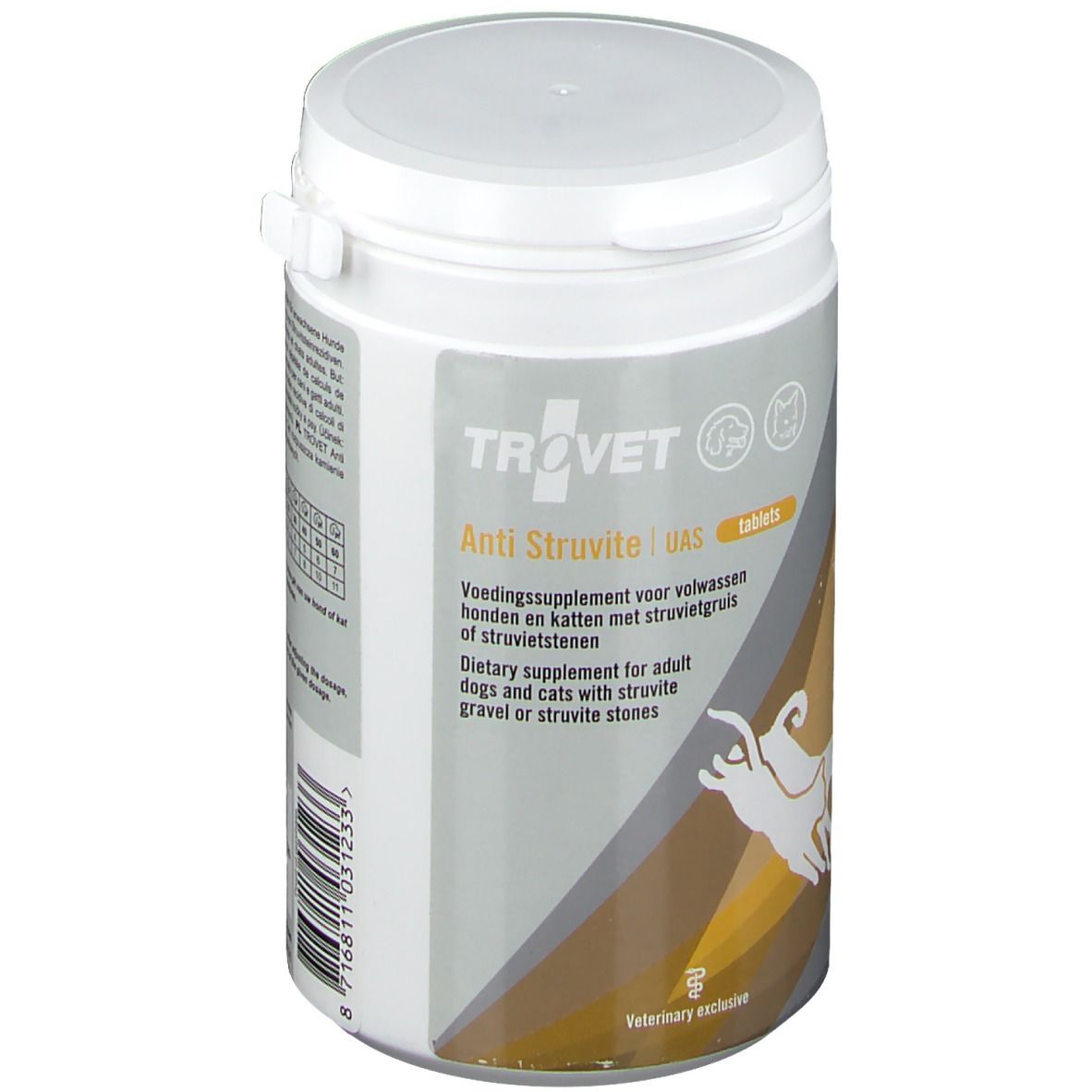 Boîte blanche avec couvercle. Inscription : Trovet Anti Struvite UAS tablets. Complément alimentaire pour chiens et chats avec calculs de struvite.