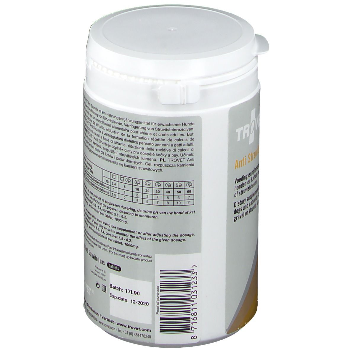 Dos du pot blanc. Texte en plusieurs langues. Recommandations de dosage. Numéro de lot et date de péremption.