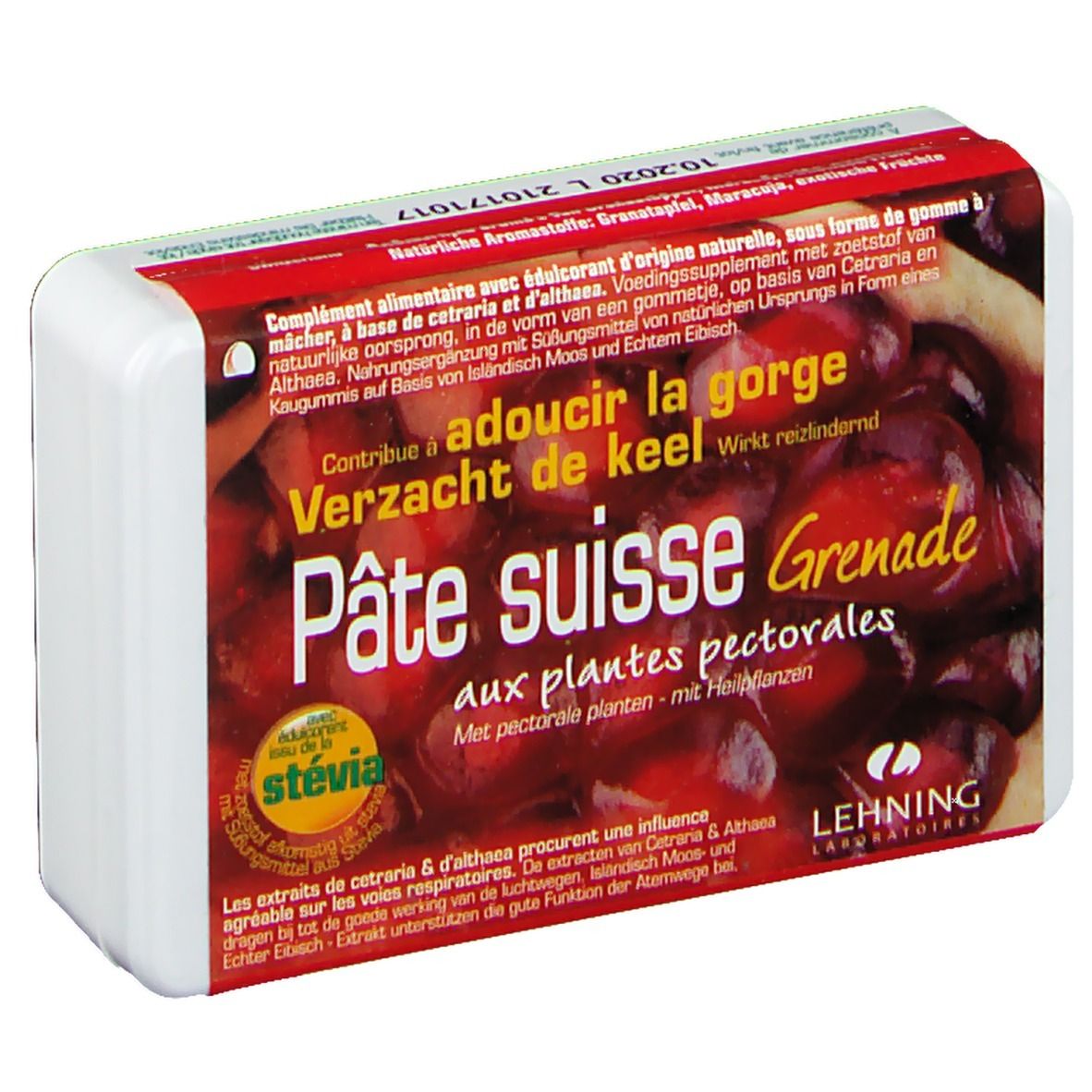 Boîte de Pâte suisse Grenade. Emballage rouge et blanc avec nom du produit et logo Lehning Laboratoires.