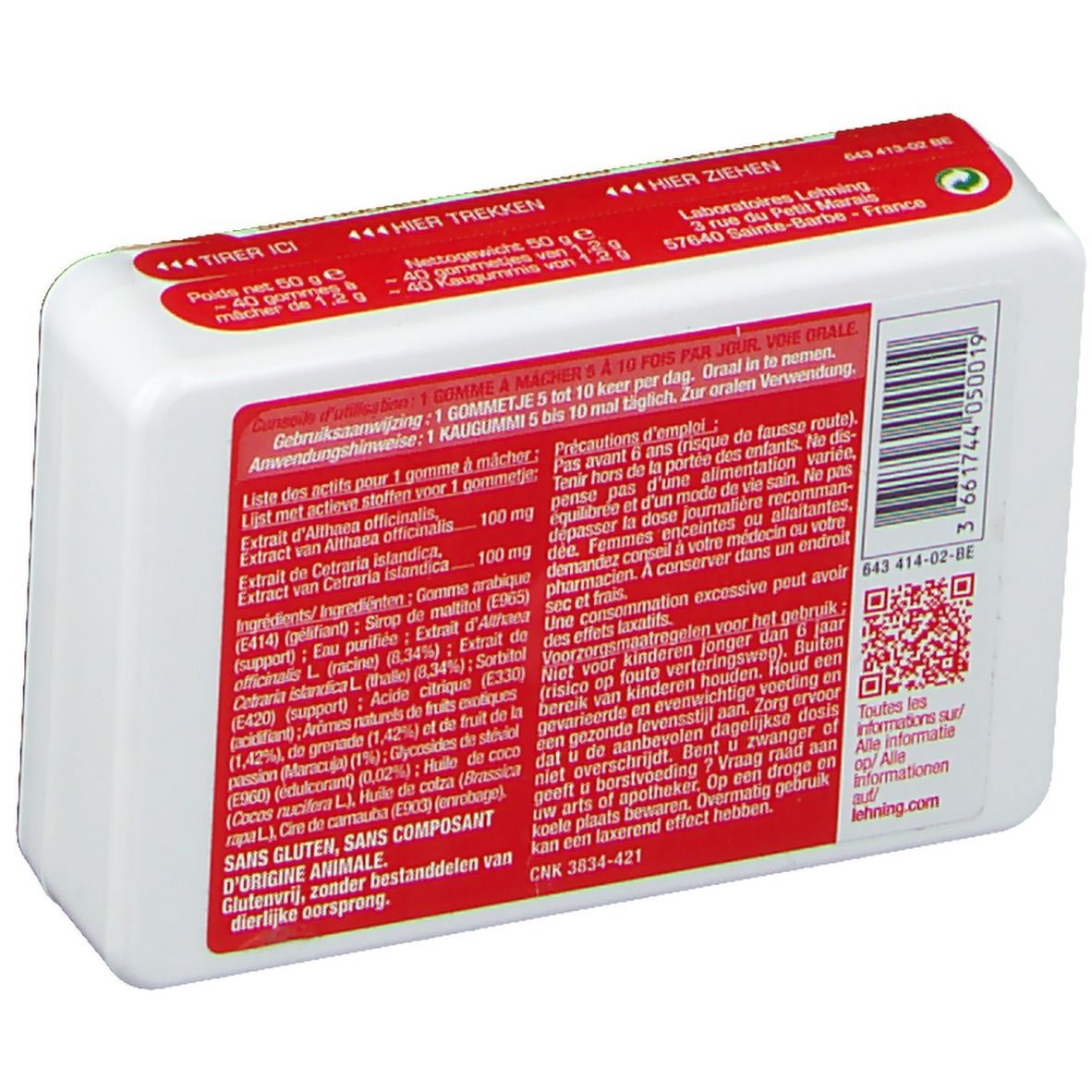 Dos de l'emballage Pâte suisse Grenade. Contient des informations et un code QR. Logo Lehning Laboratoires.