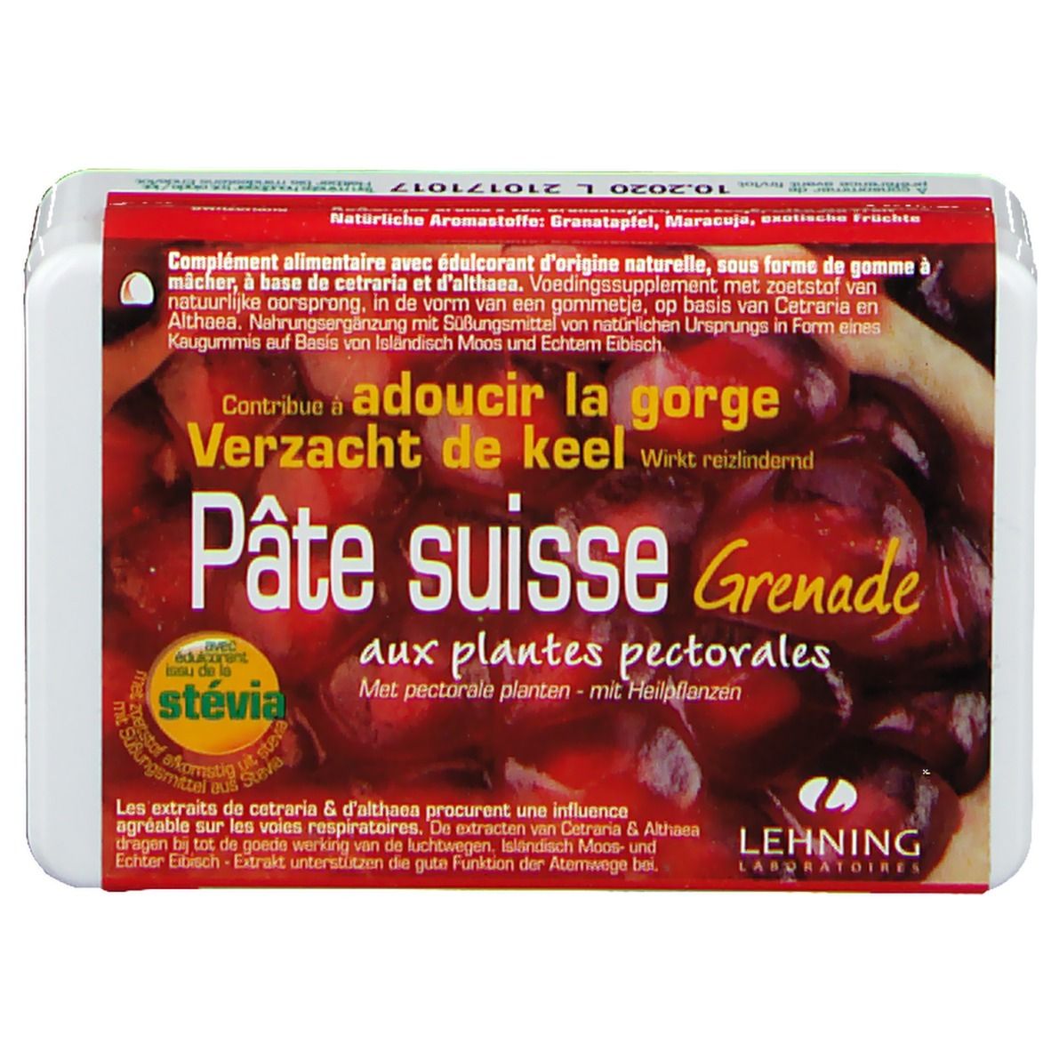 Emballage Pâte suisse Grenade. Emballage rouge et blanc avec nom du produit et logo Lehning Laboratoires.