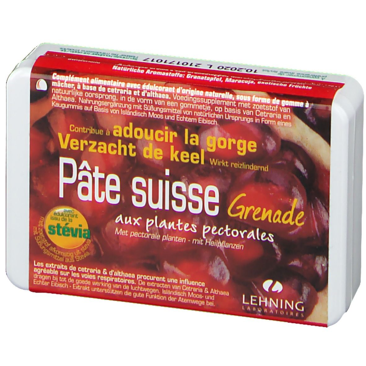 Emballage Pâte suisse Grenade. Emballage rouge et blanc avec nom du produit et logo Lehning Laboratoires.