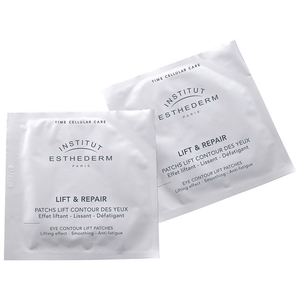 Deux sachets blancs avec texte LIFT & REPAIR. Texte en français et anglais. Marque : INSTITUT ESTHEDERM.