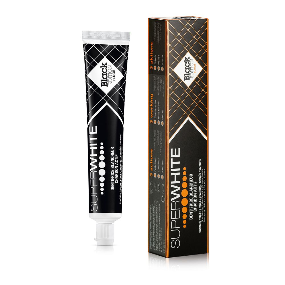 Tube et boîte de dentifrice SUPER WHITE BLACK EDITION.