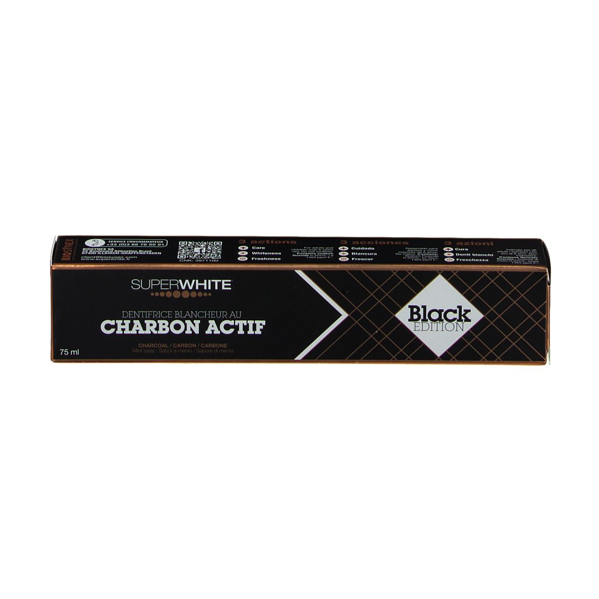 SUPER WHITE BLACK EDITION Dentifrice blancheur au Charbon Actif