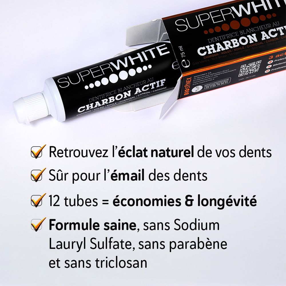 Tube et boîte ouverte de dentifrice SUPER WHITE BLACK EDITION.