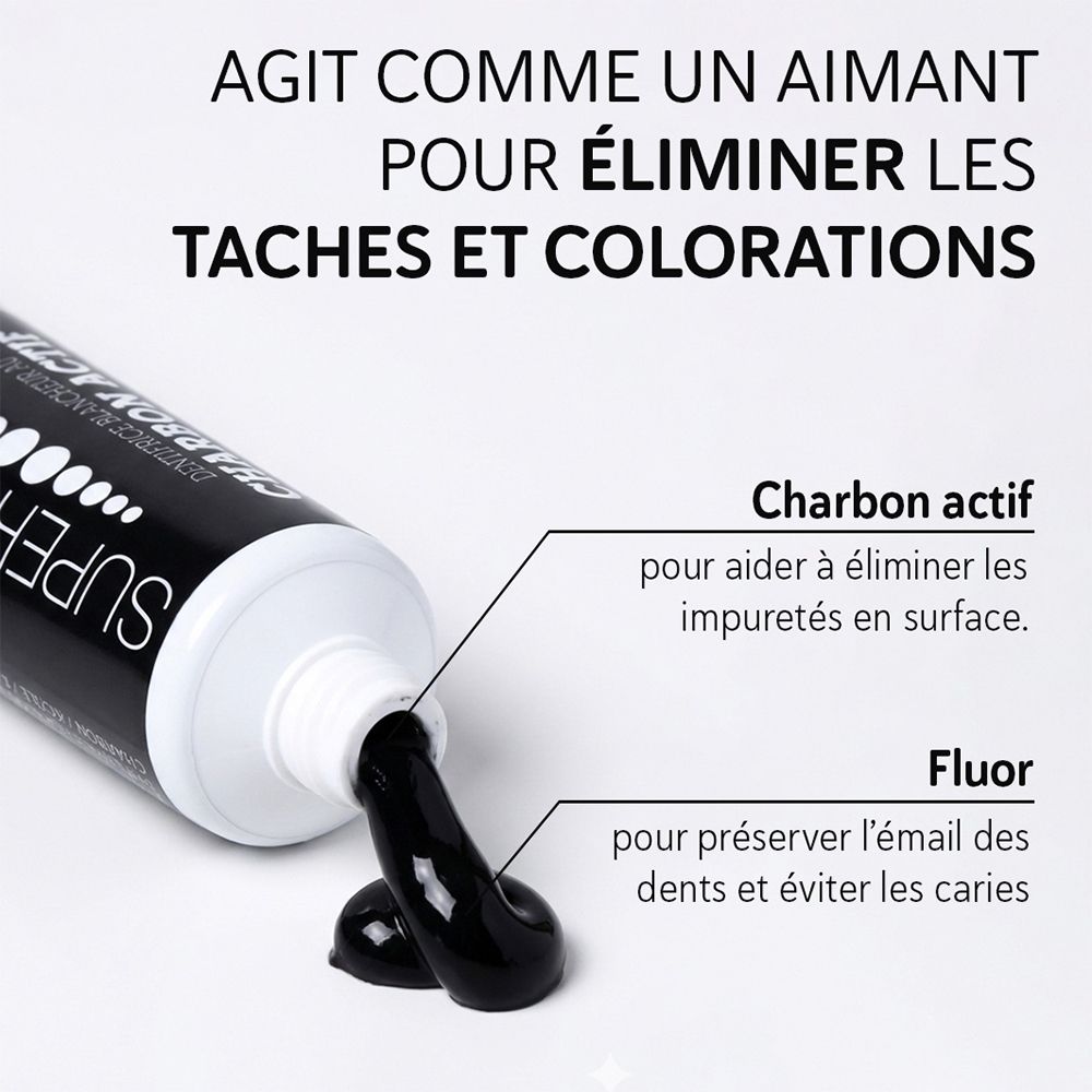Dentifrice SUPER WHITE BLACK EDITION au charbon actif, texture visible.