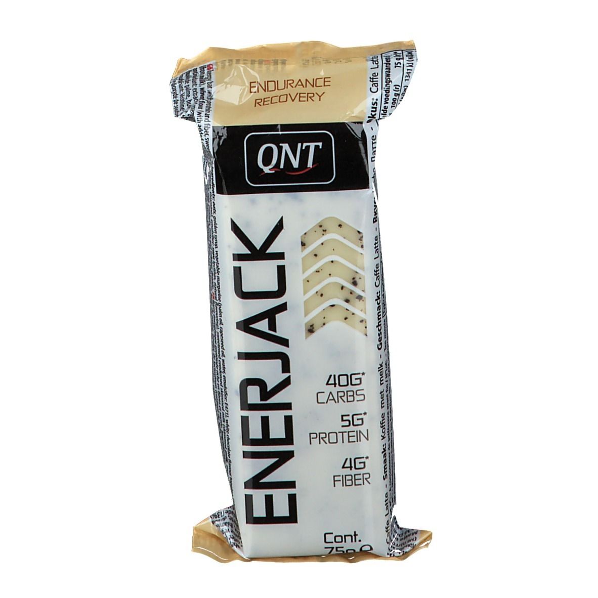 Barre QNT Enerjack-Kaffee Latte emballée. Contient 40g glucides, 5g protéines et 4g fibres. Inscription 'Endurance Recovery'.