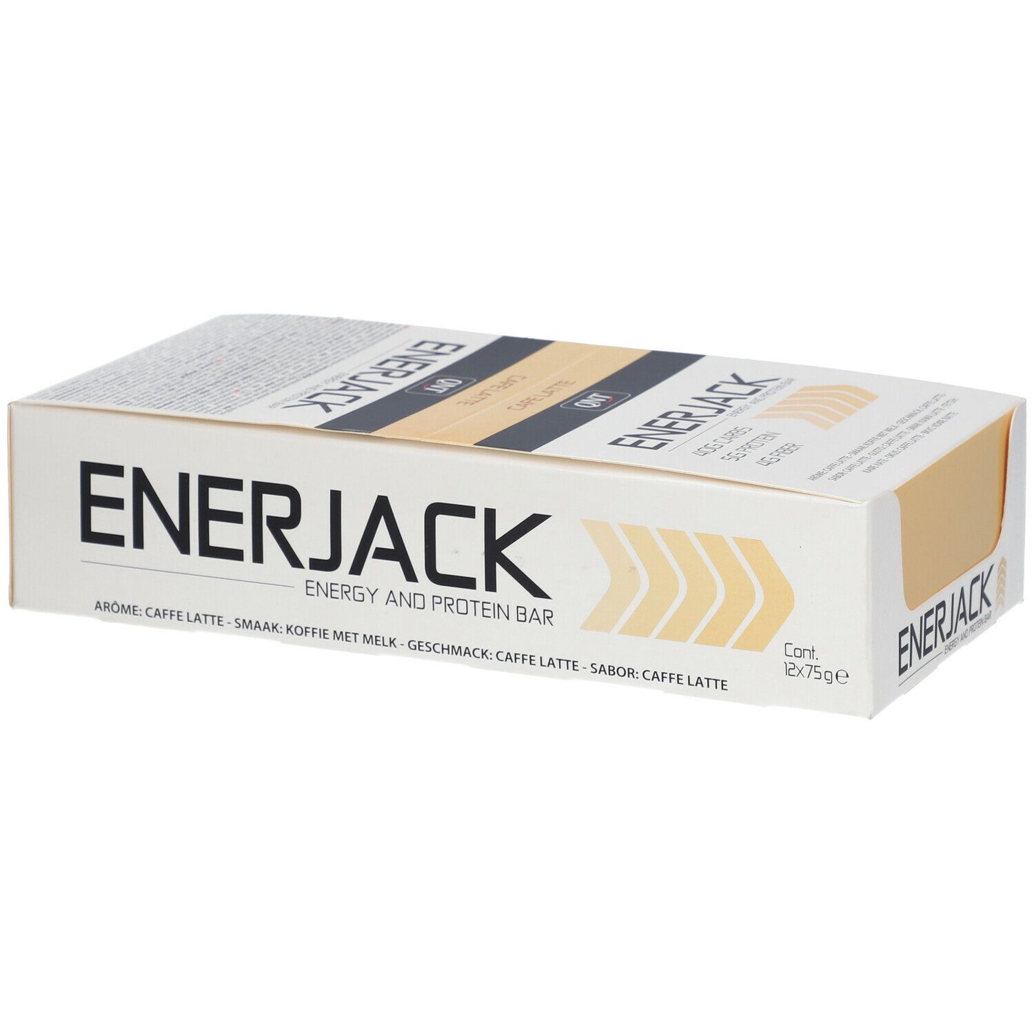 Boîte QNT Enerjack-Kaffee Latte contenant 12 barres. Inscription 'Energy and Protein Bar'. Saveur : Kaffee Latte.