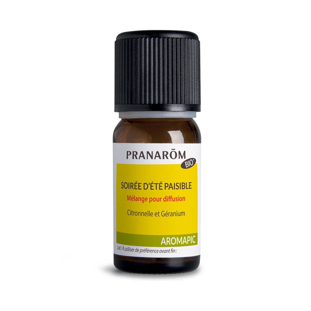 Flacon en verre brun avec bouchon noir. Étiquette multilingue. Aromapic.
