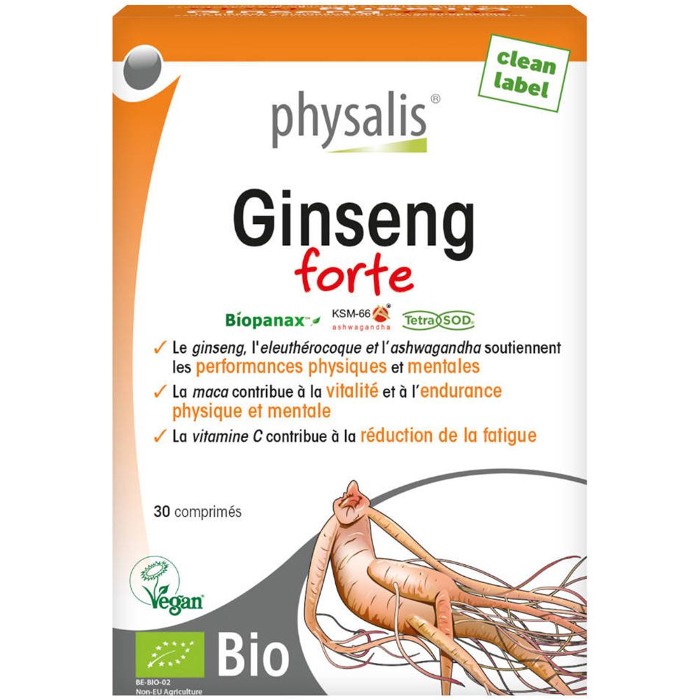 Boîte de Physalis Ginseng Forte. 30 comprimés. Label Bio et logo Vegan. Boîte orange et blanche avec nom du produit.