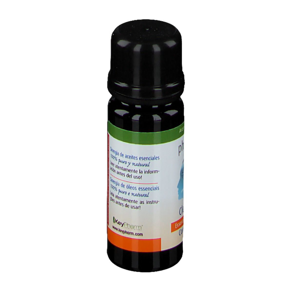 Flacon brun avec bouchon noir. Étiquette avec texte multilingue. Certification bio.