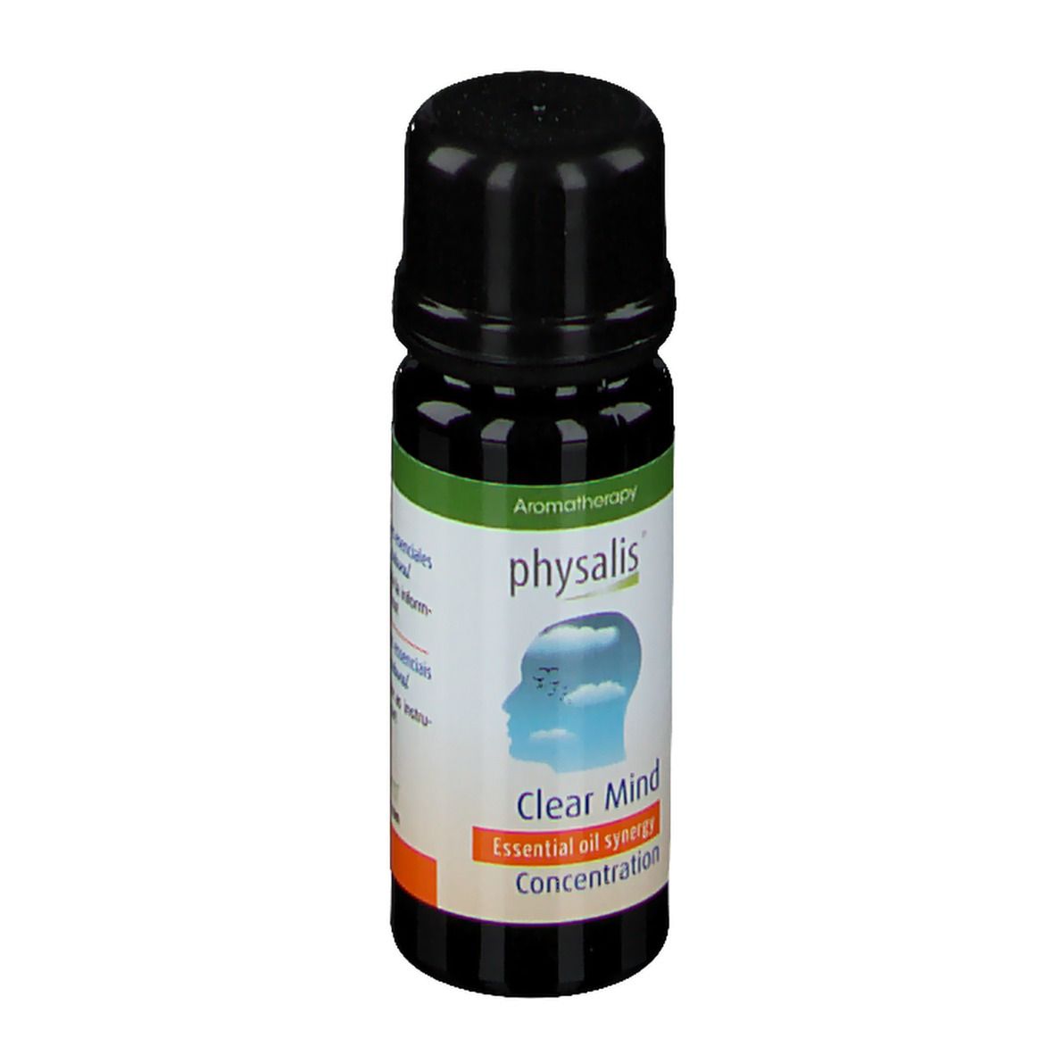 Flacon brun avec bouchon noir. Étiquette avec nom du produit et logo. Aromathérapie.