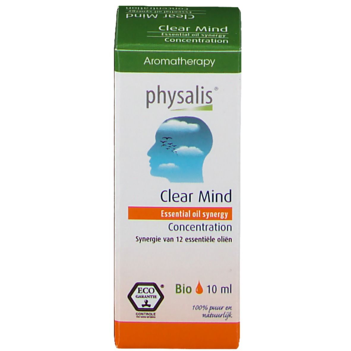 Emballage carton avec flacon. Nom du produit et logo. Aromathérapie. Certification bio.