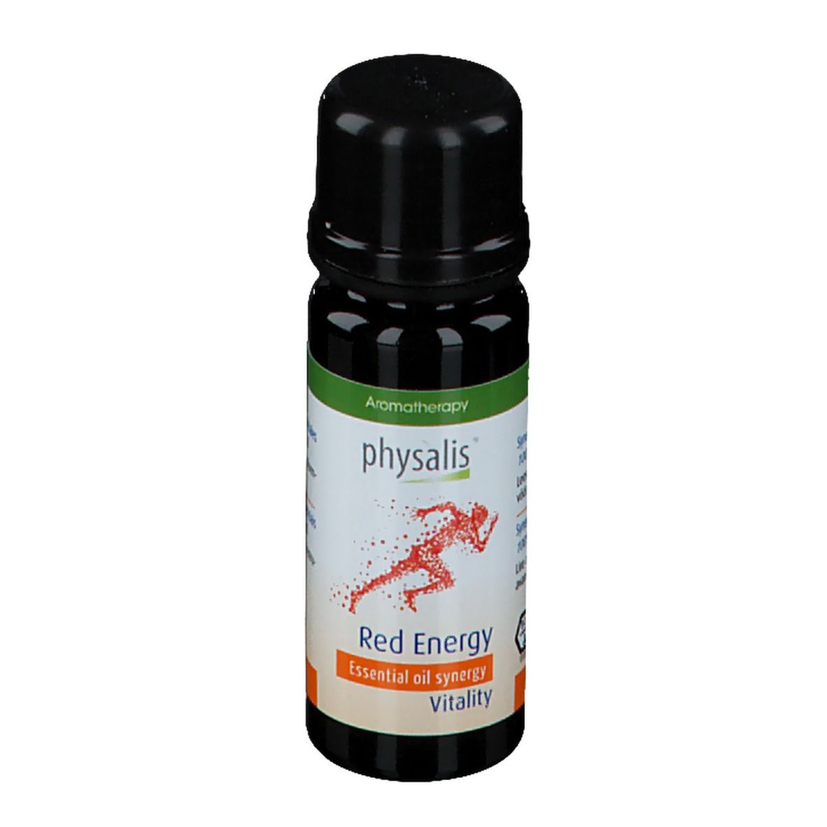 Petite bouteille noire avec étiquette verte et blanche. Inscription : physalis, Red Energy, Essential oil synergy, Vitality. Illustration d'un coureur.
