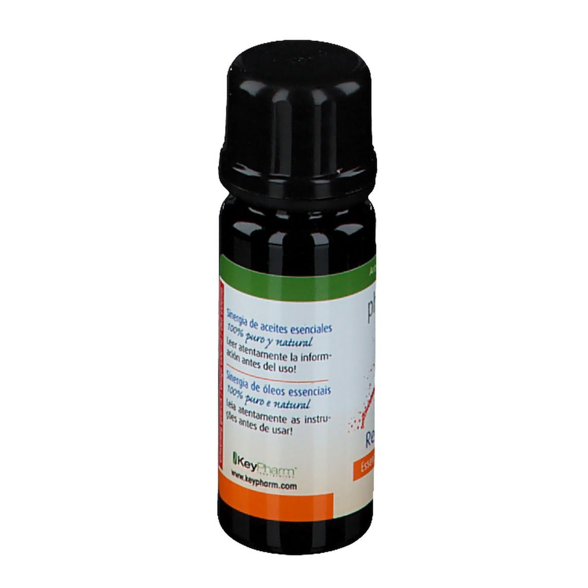 Vue latérale de la bouteille. Étiquette avec texte multilingue. Label Bio et indication 10 ml.