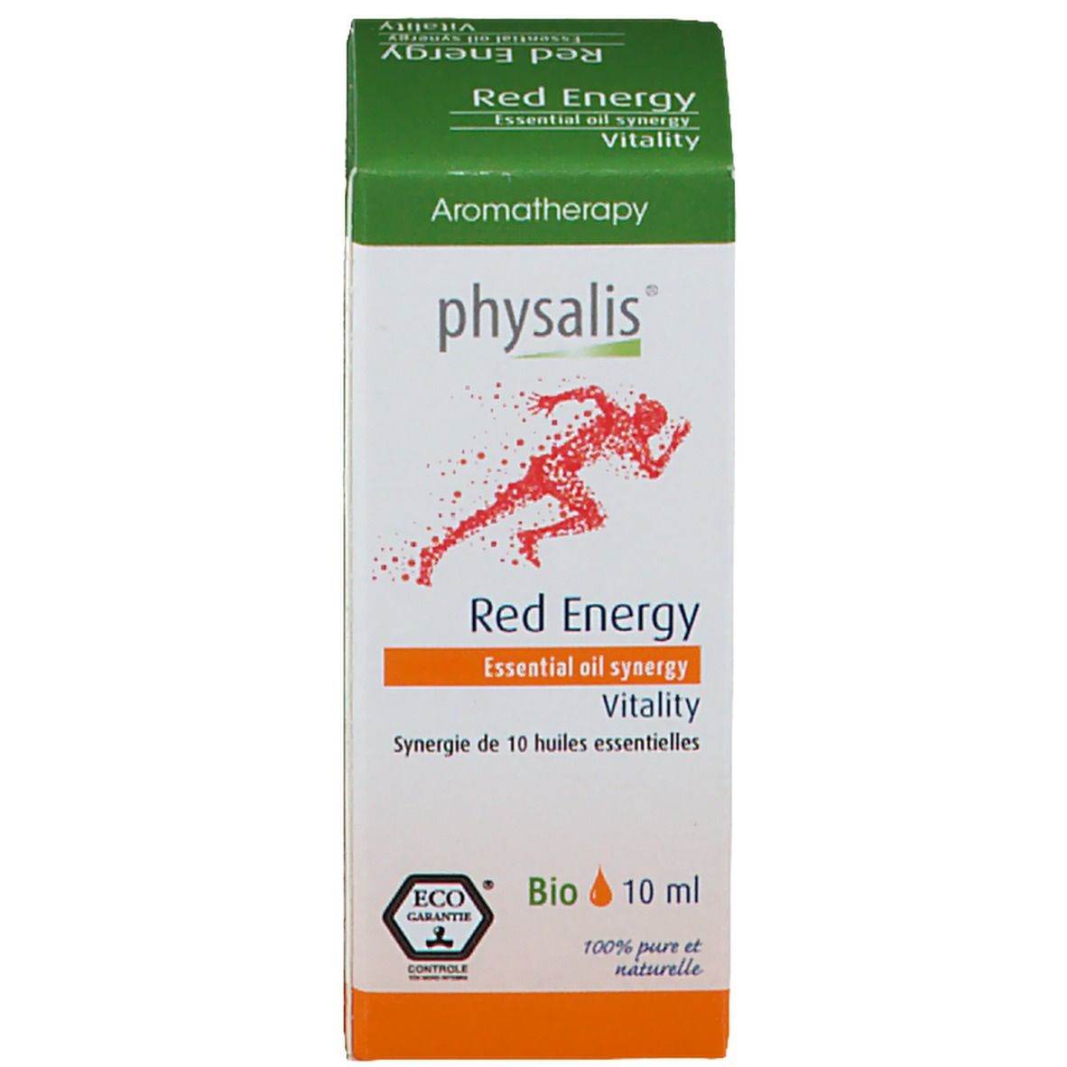 Emballage du produit. Bouteille avec étiquette. Inscription : physalis, Red Energy, Essential oil synergy, Vitality. Label Bio et 10 ml.
