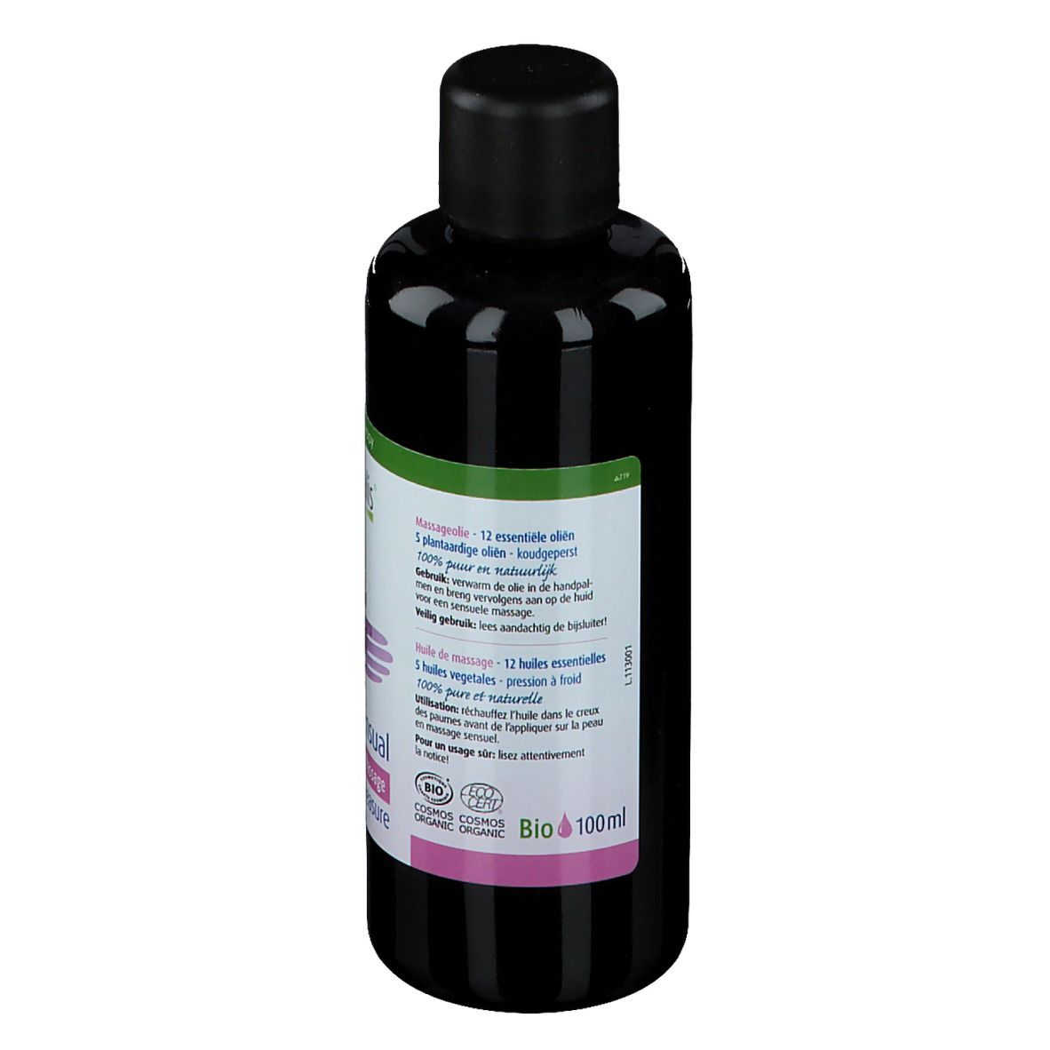 Dos du flacon. Étiquette avec ingrédients et informations. Certification bio. Flacon noir avec bouchon noir.