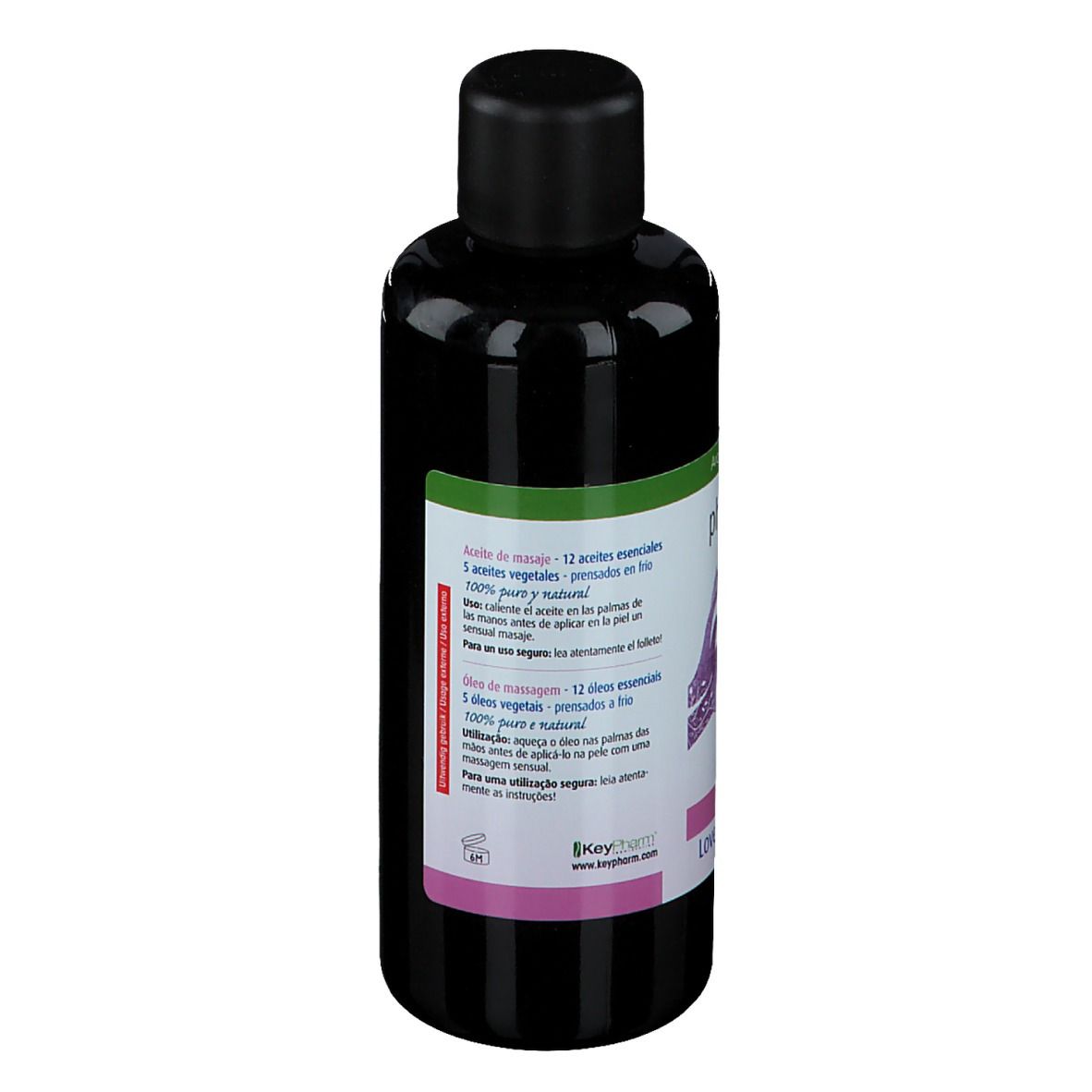 Vue arrière du flacon. Étiquette avec texte et ingrédients. Flacon noir avec bouchon noir. Étiquette rose et verte.