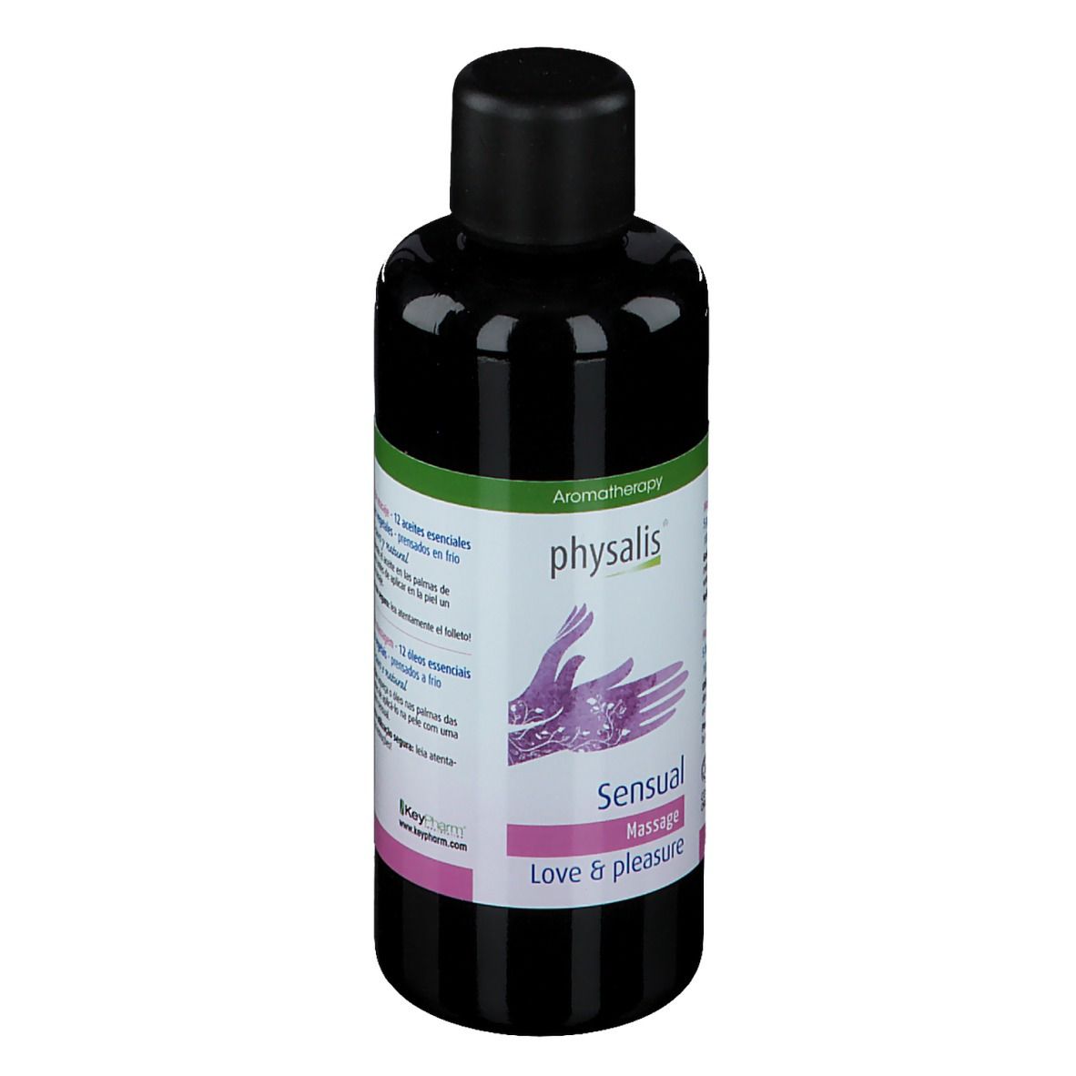 Flacon noir avec bouchon. Étiquette "physalis", "Sensual Massage" et illustration. Étiquette verte et blanche.