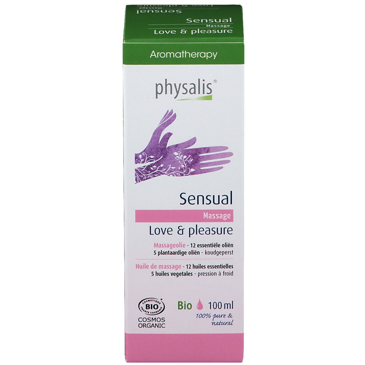 Emballage carton. "Sensual Massage" et "physalis" sur le devant. Design vert et blanc. Certification bio.