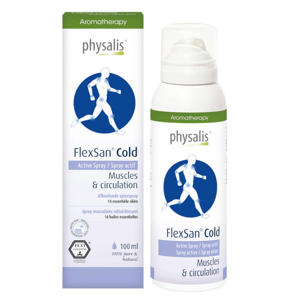 Physalis FlexSan Cold Spray, flacon et emballage. Contient 100 ml. Avec certification Eco.