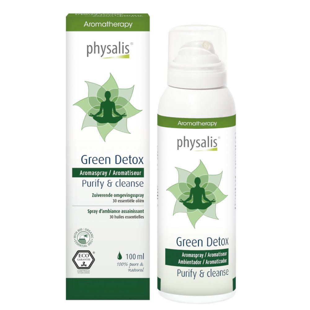 Spray aromatique blanc avec étiquette verte. Inscription : Physalis, Green Detox, Aromatherapy. Avec emballage carton.