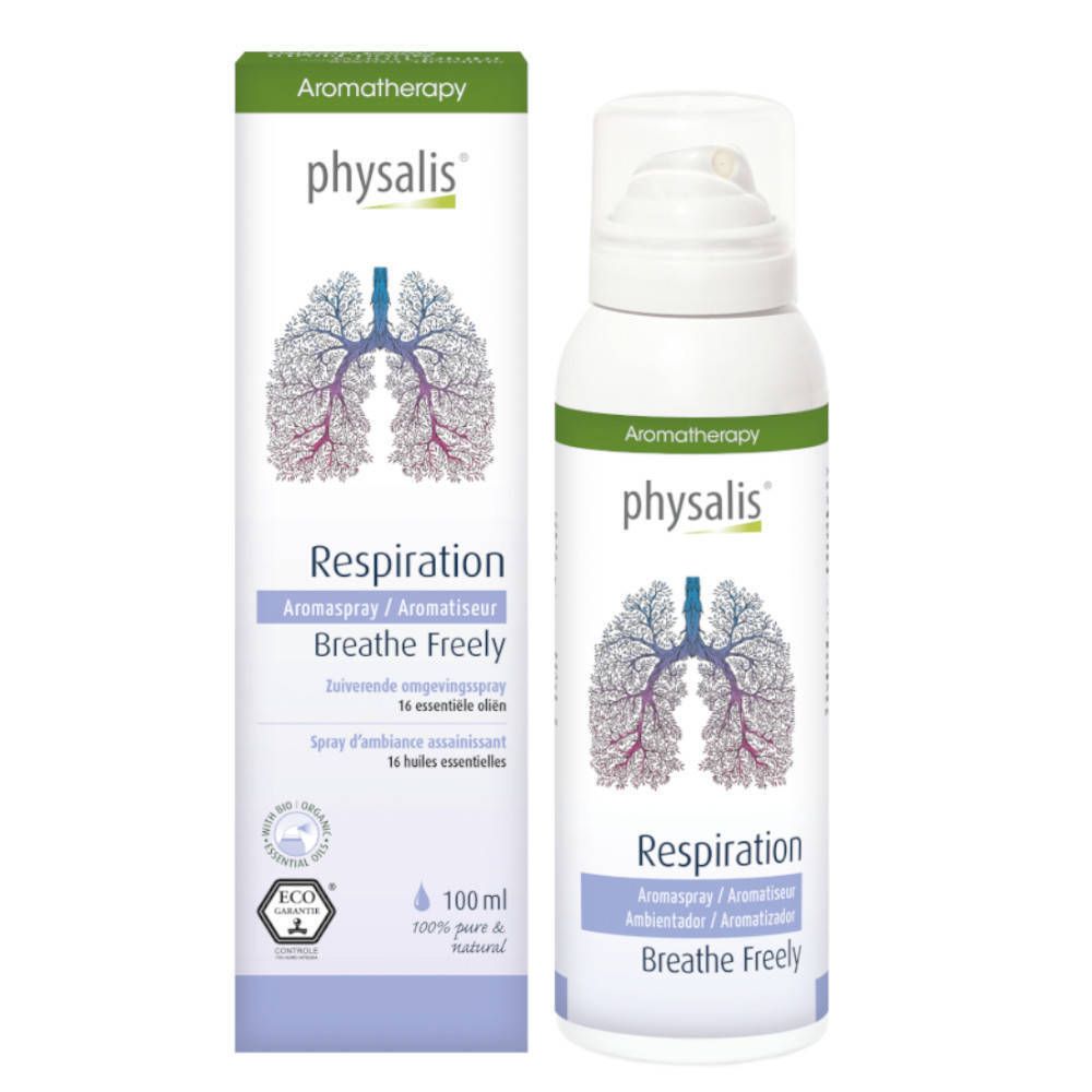 Flacon blanc avec vaporisateur et boîte. Inscription : Physalis, Respiration, Aromaspray, 100% pur & naturel.