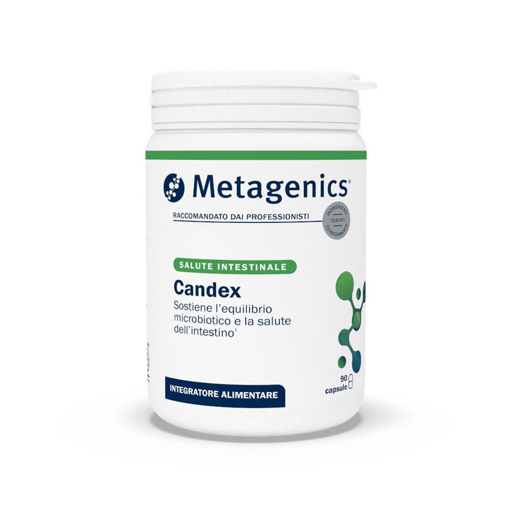 Flacon blanc Metagenics Candex. 45 gélules. Texte en français, italien et néerlandais.