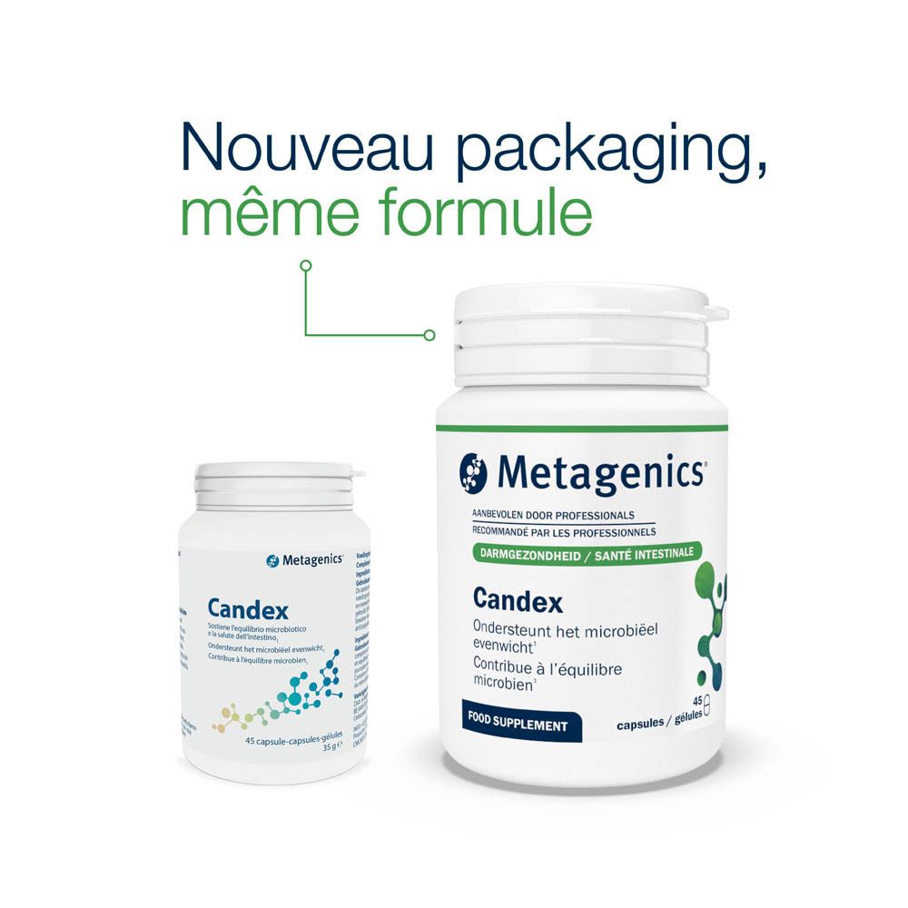 Dos du flacon blanc Metagenics Candex. Texte en français.