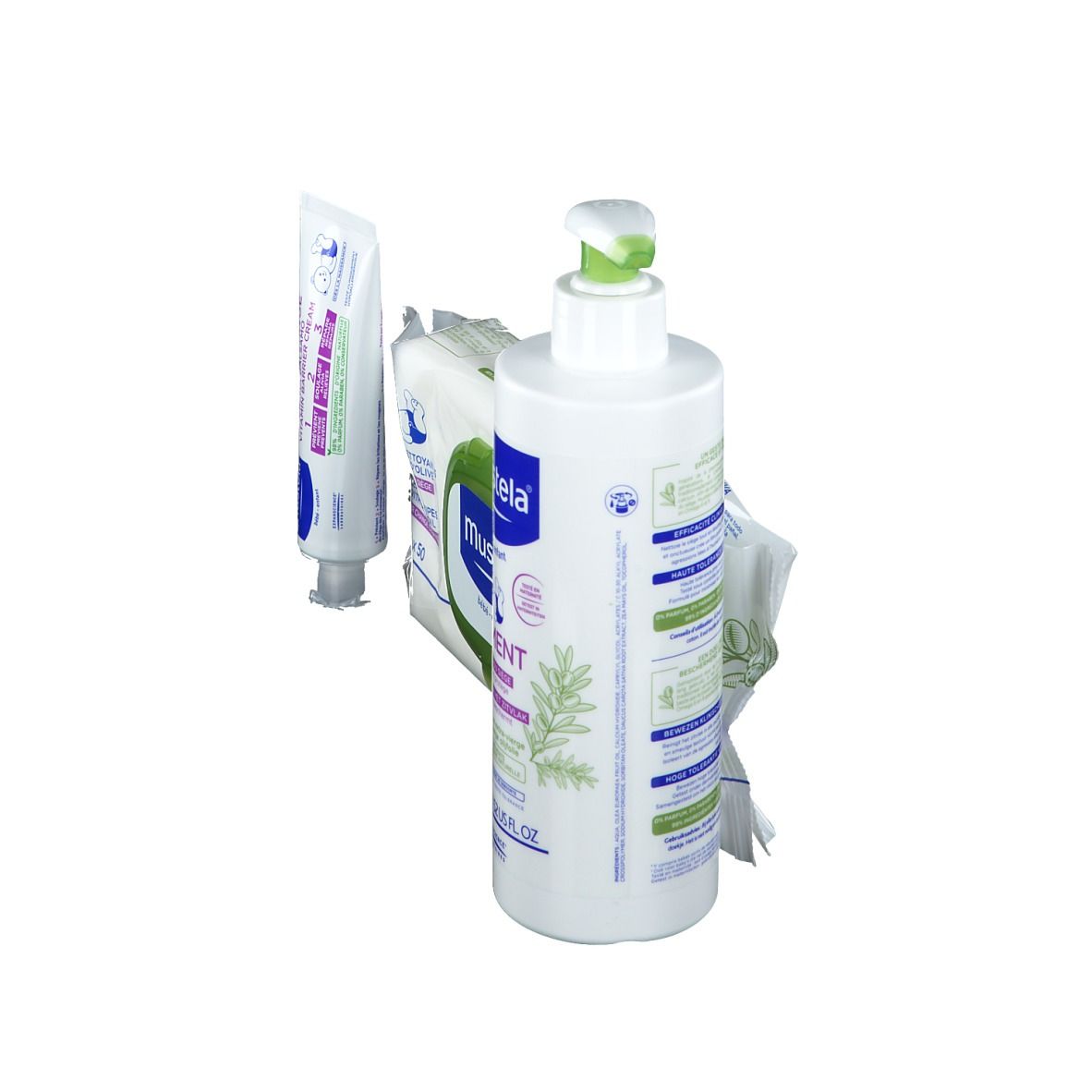 Flacon blanc avec pompe, paquet de lingettes et tube. Inscription: Mustela. Emballage vert et blanc.