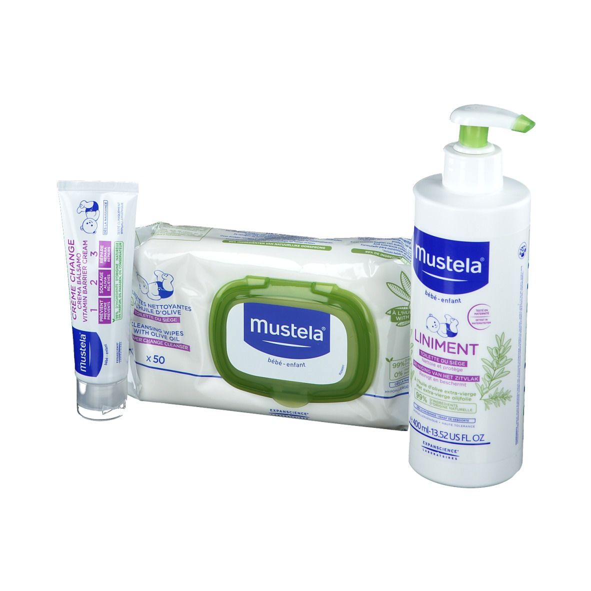 Flacon blanc avec pompe, paquet de lingettes et tube. Inscription: Mustela. Emballage vert et blanc.