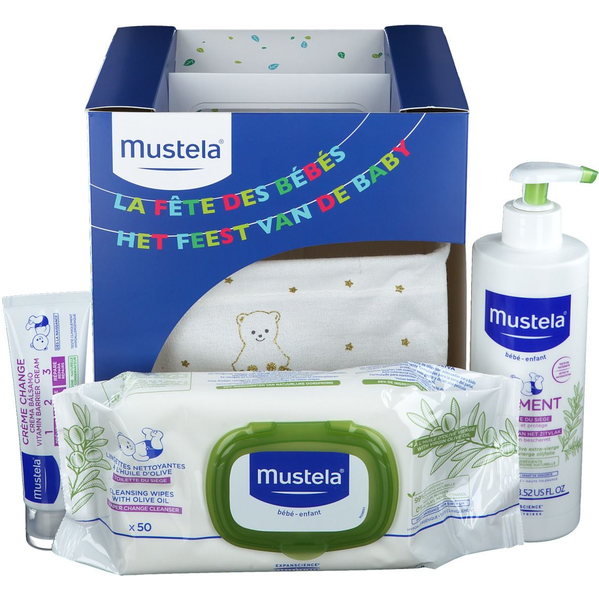 Coffret cadeau avec produits. Contient flacon, lingettes, tube et lange. Inscription: Mustela.