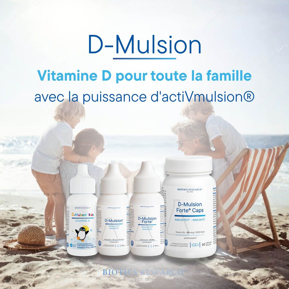 Famille à la plage avec produits D-Mulsion, 'Vitamine D pour toute la famille'.
