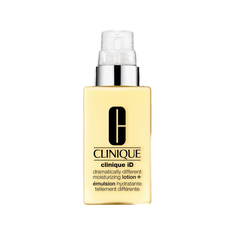 Flacon jaune avec pompe. Contient CLINIQUE iD™ Moisturizing Lotion+. Texte sur le flacon.
