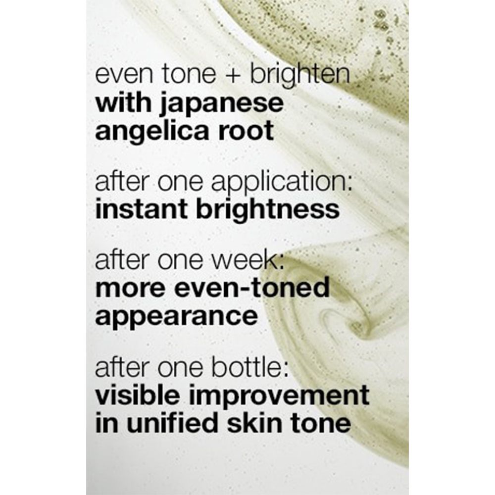 Texte: Even Tone + Brighten avec racine d'angélique japonaise. Résultats après application.