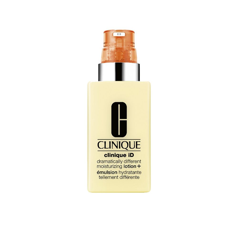Flacon beige avec pompe. Inscription: CLINIQUE iD, Dramatically Different Moisturizing Lotion +.