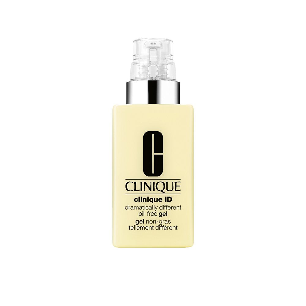Flacon de gel avec pompe. Inscription: CLINIQUE, clinique iD, dramatically different oil-free gel, gel non-gras tellement différent.