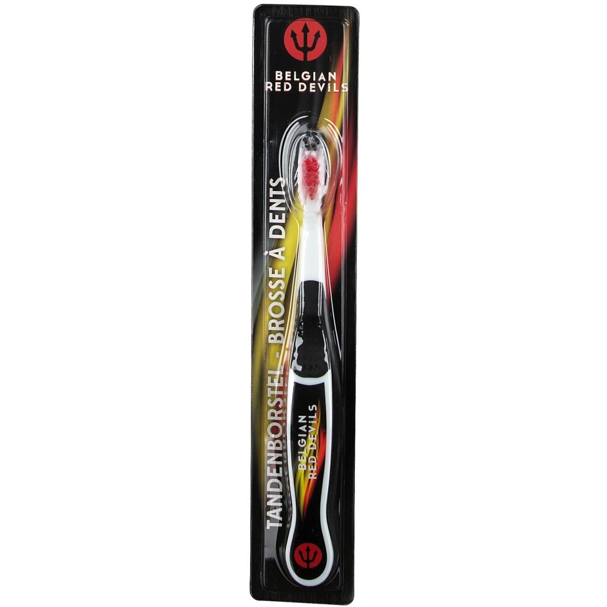 Brosse à dents dans son emballage. Manche noir avec design blanc et rouge. Tête de brosse rouge. Inscriptions: Belgian Red Devils, Tandenborstel, Brosse à dents.