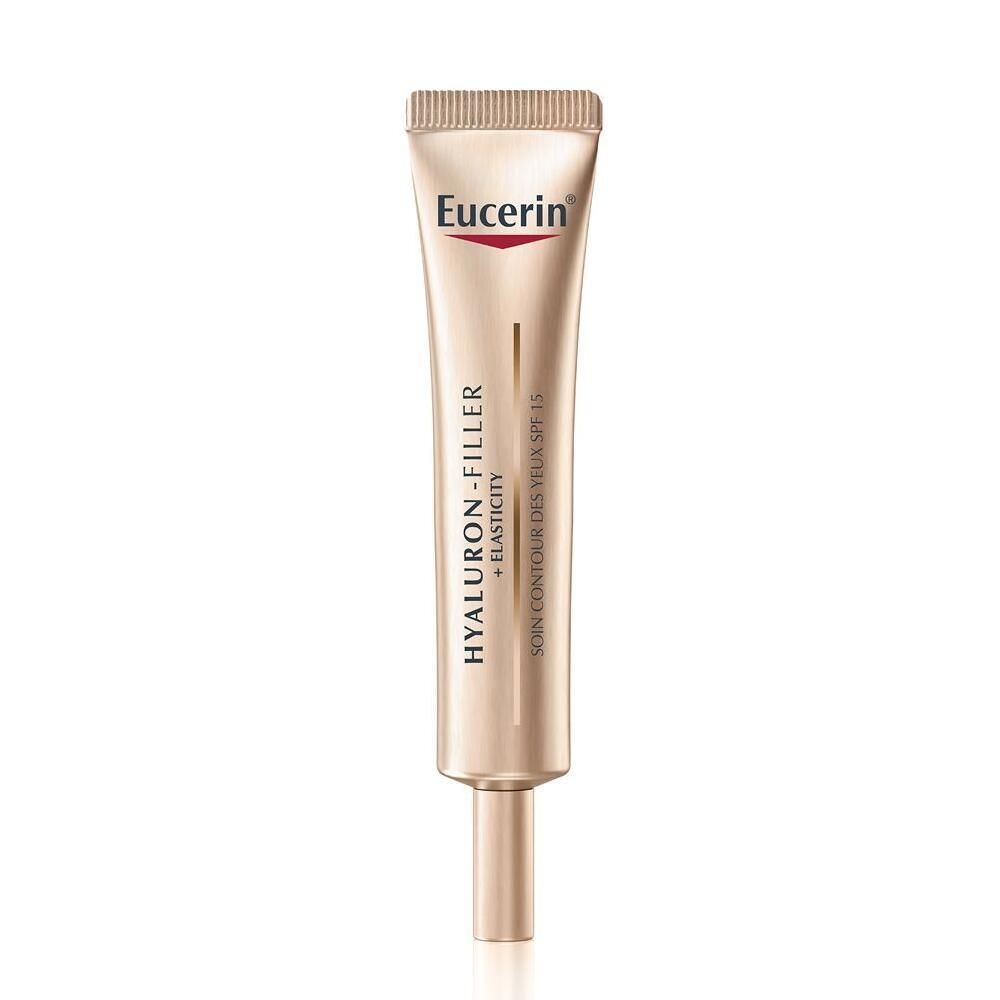 Eucerin Hyaluron-Filler + Elasticity Contour des yeux SPF15. Tube doré avec applicateur.