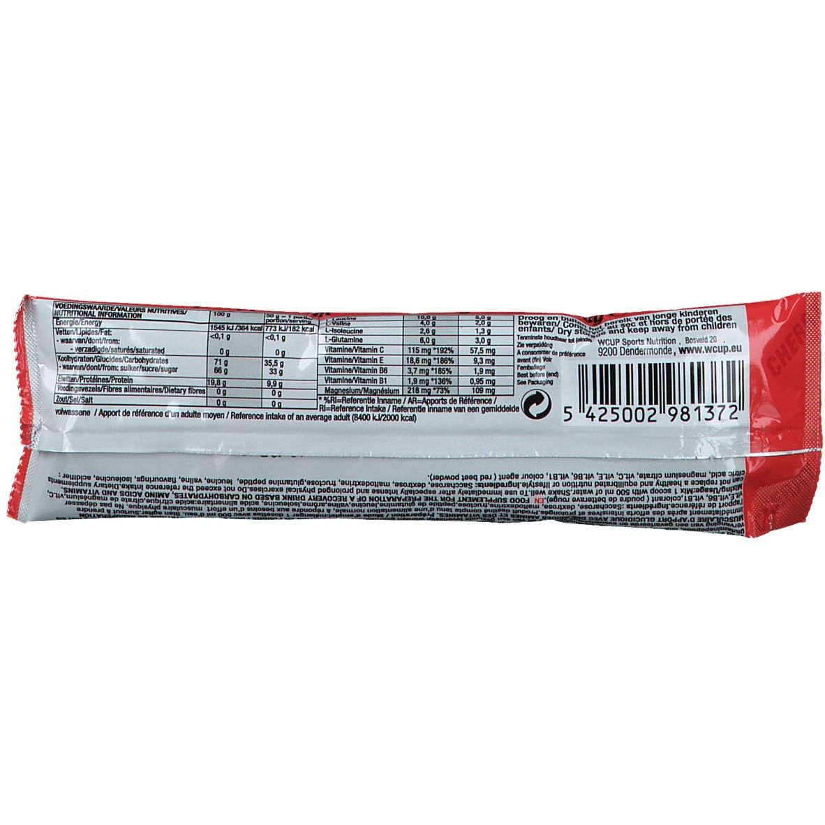 Dos d'un sachet rouge. Contient des informations nutritionnelles, un code-barres et une adresse de site web.
