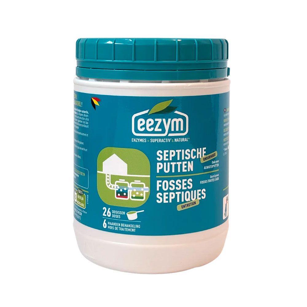 Bouteille Eezym Fosses Septiques avec couvercle bleu clair. Contient 26 sachets.